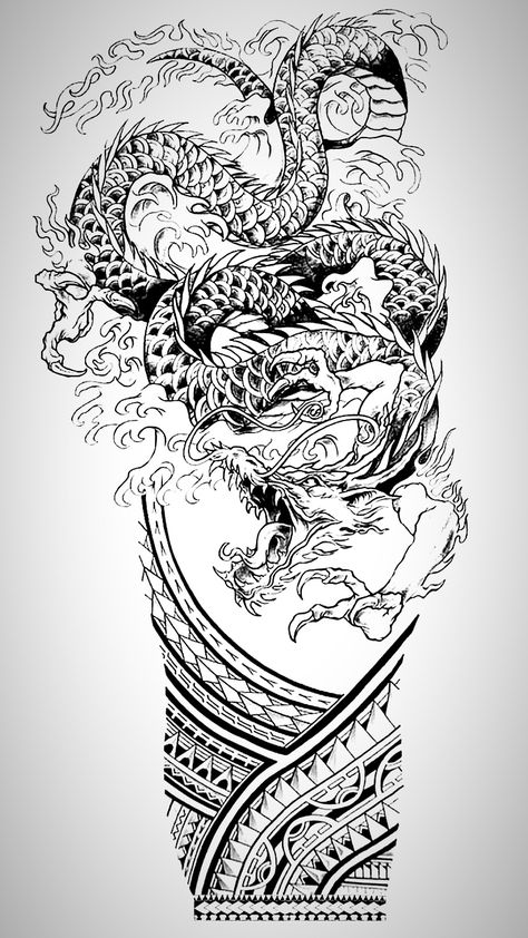 Dragon Koi Tattoo Design, Dragon Tattoo Drawing, Dragon Tattoo Arm, Tattoo Colour, Half Sleeve Tattoo Stencils, Dragon Tattoo Art, Tattoo Dragon, Ancient Tattoo, Realistic Tattoo Sleeve