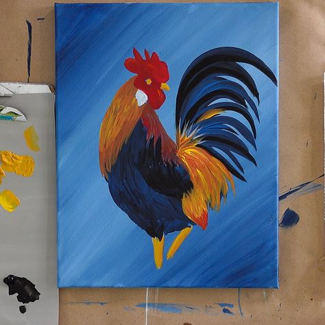 Paint Golden Feathers Farm Animal Paintings, Paintings For Beginners, Cardinal Painting, Milk The Cow, Rooster Painting, Chicken Painting, Brush Drawing, Canvas Painting Tutorials, The Rooster