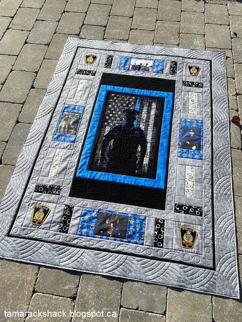 Police Quilts Law Enforcement, Fireman Quilt Panel Ideas, Police Quilt, Police Crochet Blanket, Police Baby Blanket Crochet, Marine Corp Quilt Patterns, Fireman Quilt, Police Crafts, Bohemian Quilt