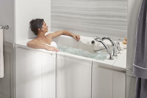 Enjoy a spa-like experience in your home with a Kohler Walk-In Bath. With the ability to heat your back, neck, and shoulders, along with hydrotherapy  and air bubble jets, you'll feel so relaxed in the bath. Walk In Tub, Air Bathtub, Jetted Bath Tubs, Walk In Bathtub, Hotel House, Walk In Tubs, Walk In Bath, Corner Tub, Tub Ideas