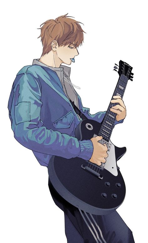 Singer Drawing Reference Pose, Character Design Musician, Guy Playing Guitar Reference, Anime Guy Playing Guitar, Guy Playing Guitar Drawing Reference, Hand Holding Microphone Reference, Anime Drummer Guy, Playing Bass Pose Reference, Guitar Playing Pose