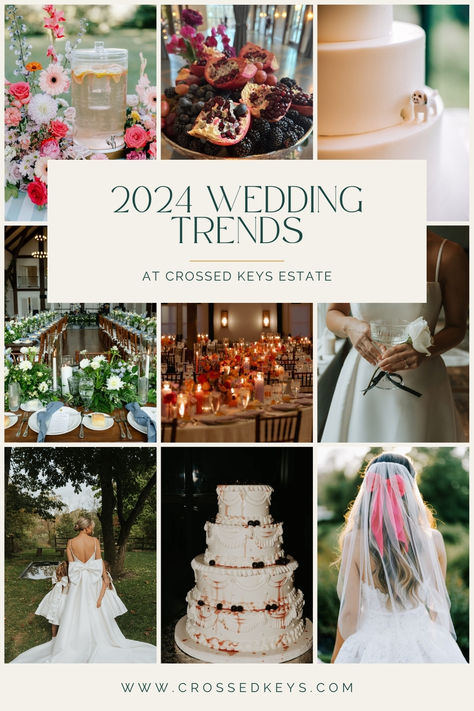 Each year bringing new and exciting trends and styles that we look forward to seeing in the unique details, floral, decoration, and personal touches of each couple. So what wedding trends will we see in 2024? Here are some of our 2024 wedding trend predictions that we hope to see at New Jersey wedding venue, Crossed Keys Estate. www.crossedkeys.com 2024 Wedding Decor Trends, Wedding Trends 2024 Decoration, Wedding Trends 2024, 2024 Wedding Trends, Nj Wedding Venues, Floral Trends, New Jersey Wedding, Luxury Weddings, Nj Wedding