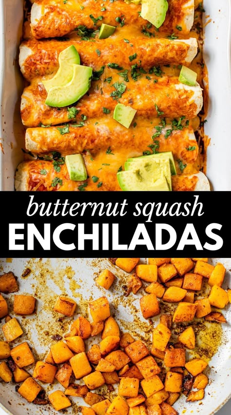 Butternut Squash Enchiladas are filled with tender butternut squash, black beans, and rice before being drenched in enchilada sauce and baked with cheese on top. They’re delicious, vegetarian, and so filling! Butternut Squash And Black Beans, Butternut Squash Recipes Vegan, Stuffed Butternut Squash Recipes, Recipes With Green Enchilada Sauce, Autumnal Recipes, Zucchini And Squash Recipes, Squash Enchiladas, Butternut Squash Enchiladas, Vegetarian Meals Easy