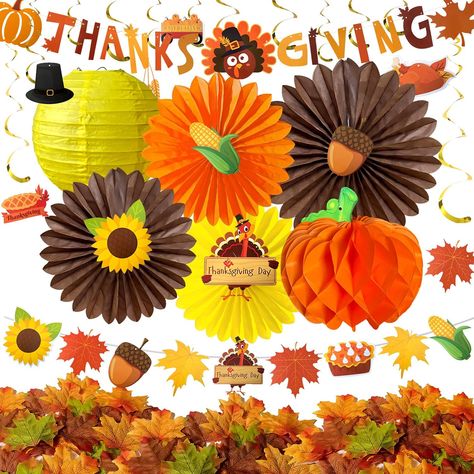 Mauts-inus Fall Thanksgiving Party Decorations -Autumn Hanging Maple Leaves Pumpkins Sunflower Swirl Paper Fans Paper Pompoms Lanterns Garlands Fall Turkey Banner (Thanksgiving Decoration one) Thanksgiving Party Decorations, Fall Party Decorations, November Crafts, Fall Leaf Garland, Thanksgiving Banner, Turkey Crafts, Autumn Paper, Fall Banner, Turkey Craft