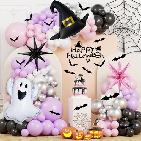 Pink Halloween Balloon Arch Kit 176Pcs Pink Halloween Decor with Halloween Foil Starburst Balloons Bat Stickers for Ghost A Little Boo Spooky Birthday Baby Shower Halloween Party Decorations for Girls Pink Purple Halloween, Purple Halloween Decor, Stickers For Birthday, Halloween Balloon Garland, Baby Shower Halloween, Spooky Birthday, Halloween Balloon, Halloween Baby Shower Theme, Halloween Party Decorations