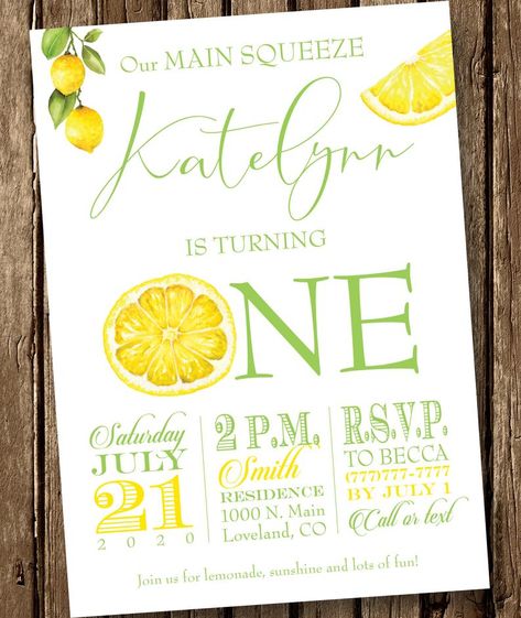 Lemon Birthday Party Invitation Digital Or Printed Sunshine | Etsy Lemon First Birthday, Lemon Birthday Party, Lemon Themed Party, Lemon Birthday, Lemonade Party, Fun Invitations, First Birthday Themes, Main Squeeze, First Birthday Invitations