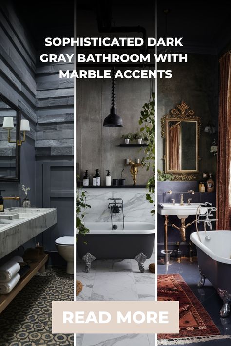 Sophisticated dark gray bathroom featuring marble accents and elegant decor, inviting readers to explore further. Dark Grey And White Bathroom, Gray Bathroom Remodel, Gray Bathrooms, Bathroom With Marble, Kitchen Flooring Trends, Kitchen Tile Inspiration, Ensuite Bathroom Designs, Bathroom Wall Colors, Industrial Chic Kitchen