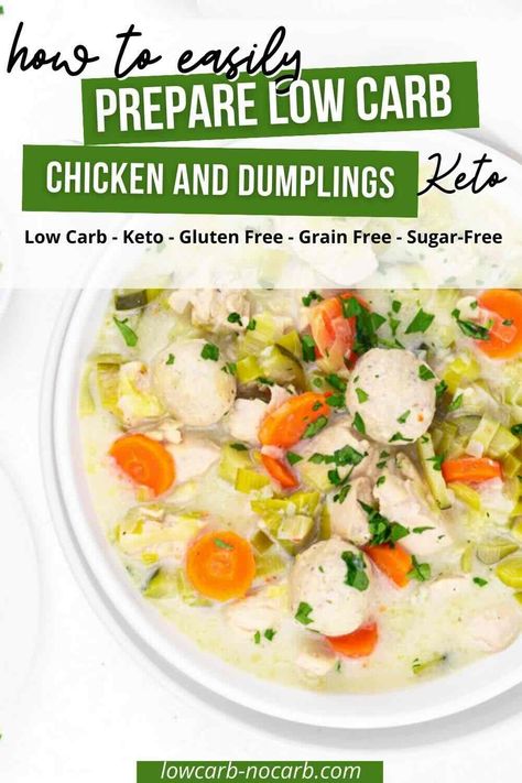 Easy to make Keto Chicken and Dumplings Recipe with homemade dumplings will be your new favorite comfort food. It's both delicious and low carb. Enjoy the flavor of buttery dumpling balls and healthy vegetables combined with a savory and creamy broth. Healthier Chicken And Dumplings, Heart Healthy Chicken And Dumplings, High Protein Chicken And Dumplings, Low Carb Comfort Food Recipes, Low Carb Chicken And Dumplings, Keto Chicken And Dumplings, Keto Dumplings, Low Carb Beef Stew, Chicken And Dumplings Recipe