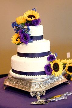 Yellow Purple Wedding on Pinterest | Chemistry Wedding, Wedding ... Sunflower Wedding Cake, Purple Wedding Decorations, Ribbon Cake, Purple Wedding Cakes, Boda Mexicana, Simple Wedding Cake, Cool Wedding Cakes, Wedding Cakes With Flowers, Yellow Wedding