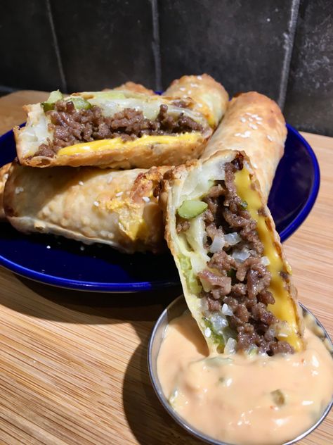 Air Fryer Big Mac Egg Rolls, Big Mac Egg Rolls Air Fryer, Hamburger Egg Rolls, Burger Egg Rolls, Big Mac Egg Rolls, Cheeseburger Egg Rolls, Burger Wrap, Egg Roll Ingredients, Avocado Egg Rolls