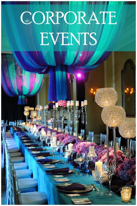 Corporate event design and decor by Celebrations Ltd, Cayman Islands. Turquoise Wedding Decorations, Peacock Wedding Theme, Beautiful Wedding Reception, Wedding Colors Purple, Peacock Theme, Wedding Chandelier, Peacock Wedding, Teal Wedding, Turquoise Wedding