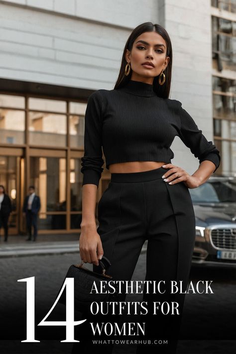 Elevate your look with 14 essential black outfits crafted to enhance any aesthetic. From timeless classics to bold statements, these looks are the perfect foundation for every woman’s style. Bring elegance and edge to your everyday wear and make a lasting impression! #EssentialStyle #BlackAesthetic #WomenOutfits Aesthetic Black Outfits, Black Outfits For Women, Essential Aesthetic, Chic Black Outfits, Edgy Leather Jacket, Black Evening Gown, Bold Statements, Turtleneck Style, Women Aesthetic