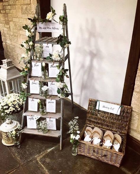 Ladder Table Plan, Ladder Wedding, Simple Bridal Shower Decorations, Wedding Sign Decor, Simple Bridal Shower, Wedding Flip Flops, Wedding Table Plan, Future Wedding Plans, Barn Wedding Venue