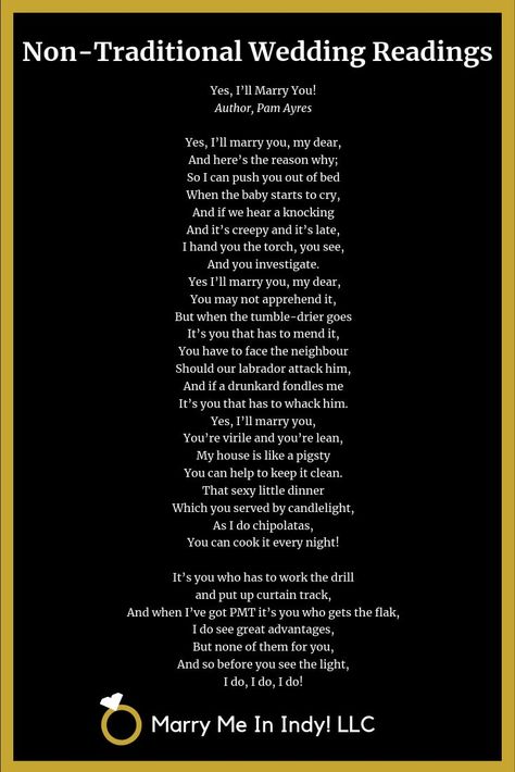 Non-Traditional Wedding Ceremony Reading "Yes, I'll Marry You!"  By Pay Ayres. Readings For Wedding Ceremony, Non Traditional Wedding Ceremony, Nontraditional Wedding Ceremony, Vintage Wedding Dress 1920s, Ceremony Readings, Reading Funny, Wedding Reading, Marriage Prayers, Traditional Wedding Ceremony