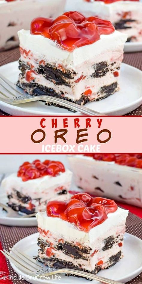 Cherry Oreo Icebox Cake - no bake cherry cheesecake and dark chocolate cookies make the layers in this icebox cake so pretty and delicious. Easy recipe to make when it is too hot to bake this summer. #iceboxcake #cherry #oreo #darkchocolate #nobake Cheesecake Ice Cream Cake, Oreo Icebox Cake, No Bake Cherry Cheesecake, Icebox Cake Recipes, Cheesecake Ice Cream, Dark Chocolate Cookies, Cherry Desserts, Cherry Cheesecake, Cold Desserts