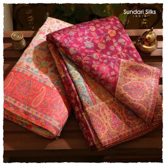 The beautiful "Kani" embroidered designs of the pashmina shawls draw inspiration to create this woven beauty in a tussar saree. The multicolour pastel floral motifs, with the classic "ambi" or "paisely" design, make it special and would be a prized possession in your closet!

#SundariSilks #EssenceOfIndia #Chennai #Mumbai #WeavesOfIndia #TussarSarees #PashminaInspired #TimelessTraditions #EthnicElegance #SareesOfInstagram #SareeLovers Kashmir Silk Saree, Shawl Embroidery, Mysore Silk Sarees, Pashmina Silk, Saree Painting Designs, Pashmina Saree, Tussar Saree, Dhakai Jamdani Saree, Sarees For Girls