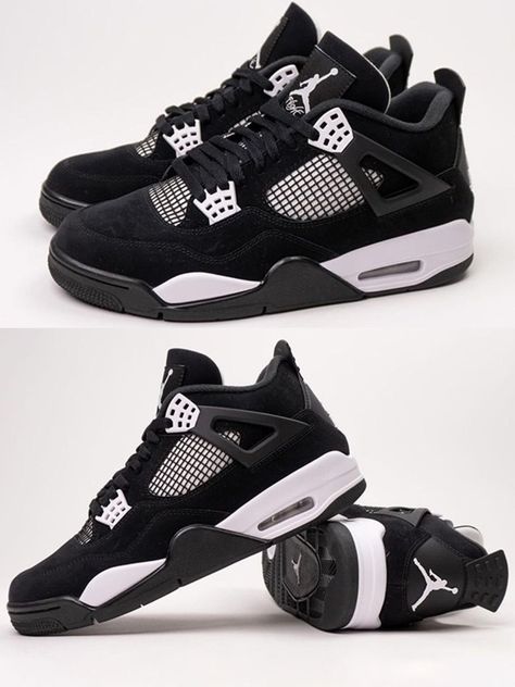 Jordan 4 Shoes Black, Jordan 4s White Thunder, Tenis Jordan Retro, Jordan 4 Outfits, Jordan 4 Black Canvas, Tenis Retro, Jordan 4’s, Pretty Sneakers