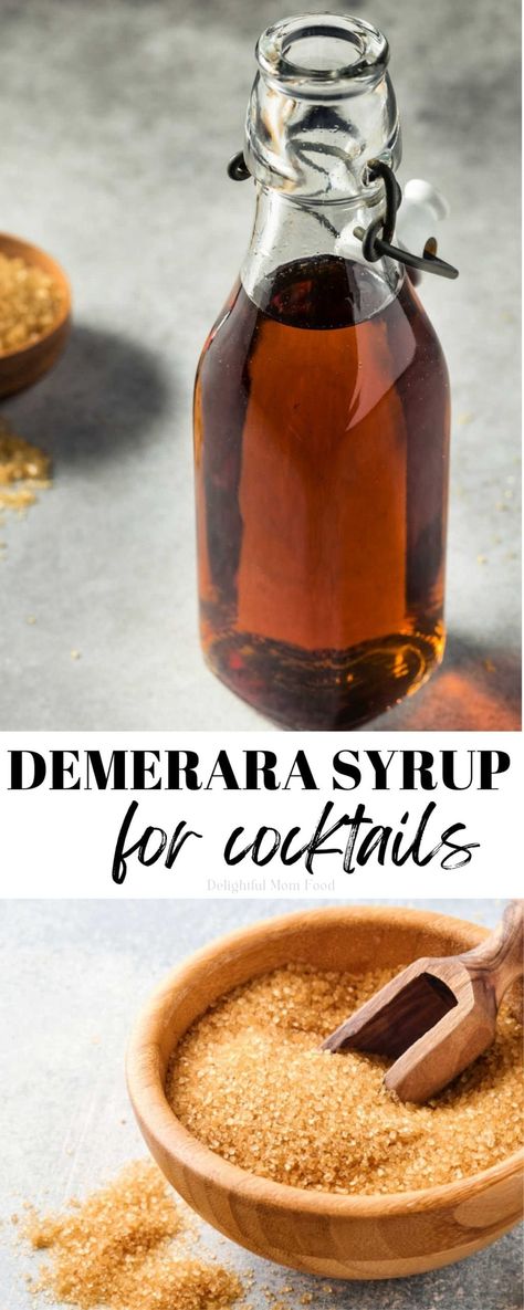 Demerara simple syrup is made of demerara sugar, a raw caramel colored sugar with molasses content and milder flavor. This syrup recipe is perfect for old fashioned cocktails, coffee, baking, and to add to dessert toppings. #demerarasyrup #demerara #simplesyrup #demerarasimplesyrup #mixers | Recipe at Delightful Mom Food Simple Syrup Recipe Cocktails, Brown Sugar Simple Syrup Recipe, Sugar Free Simple Syrup Recipe, Sugar Free Syrup Recipe, Brown Sugar Simple Syrup, Simple Sugar Syrup, Simple Syrup Recipe, Simple Syrup Cocktails, Demerara Sugar