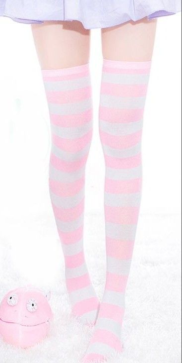 Pink & white striped thigh-high socks Pink Thigh High Socks, White Thigh High Socks, Fem Boy Outfits, Black Knee High Socks, White Thigh Highs, Striped Thigh High Socks, Black Stocking, Silly Socks, Striped Stockings