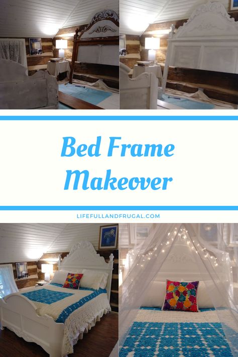 a bedroom with a white painted bed with a crocheted white and blue coverlet and a beautiful tulle canapy Bed Frame Makeover Wood, Painting A Bed Frame, Bedframe Makeover, Paint Bed Frame, Bed Frame Makeover, Bed Bedframe, Chalk Paint Bedroom Furniture, Painted Bed Frames, Frame Makeover