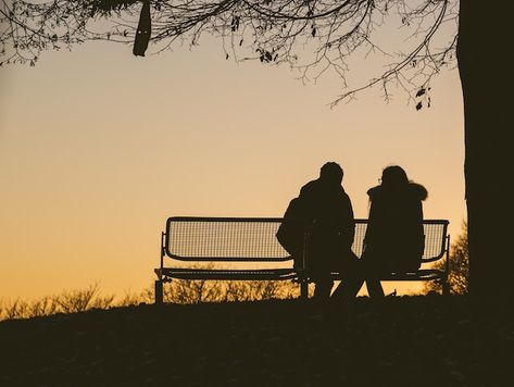 Photo idea. Two people sitting and talking on a bench. Silhouette, taken from behind. People Sitting On Bench, Bench Silhouette, Sitting On Bench, Sitting Bench, Sitting On A Bench, In The Air Tonight, Under A Tree, People Sitting, People Talk