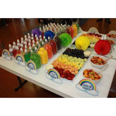 Rainbow Birthday Buffet Rainbow Brite Party, Rainbow Brite Birthday, Playdough Party, Rainbow Parties, Rainbow Food, Ballerina Birthday, Rainbow Birthday Party, Kids Birthday Themes, Carnival Birthday Parties