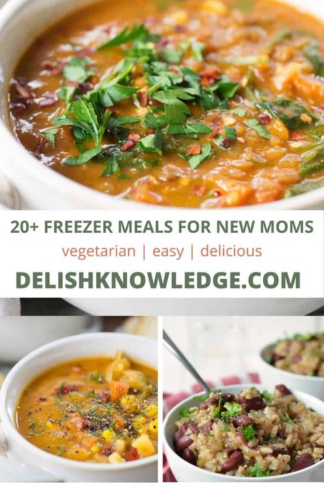 This list of easy vegetarian meals is great for new moms! These comfort foods are rich in nutrients and great for new families. You will love meal prepping and freezing these recipes. Freezable Meal Prep, Pregnancy Freezer Meals, Easy Vegetarian Meals, Vegan Freezer Meals, Freezer Meals For New Moms, Meals For New Moms, Vegetarian Freezer Meals, Freezer Dinners, Vegetarian Sausages