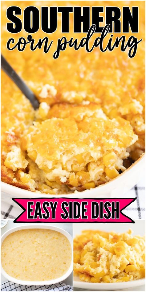 This contains: This old-fashioned corn pudding is a southern classic and easy to make with 5 minutes of prep time. This recipe is rich, creamy, and buttery, making it the perfect side dish. Creamy Corn Pudding Recipe, Southern Corn Pudding, Southern Corn, Corn Pudding Casserole, Sweet Corn Pudding, Corn Recipes Side Dishes, Corn Side Dish, Corn Casserole Recipe, Corn Dishes