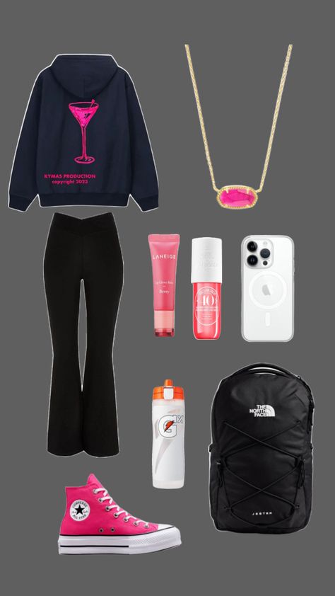 pink outfit, cute outfit, kendra scott, converse, comfy clothes, cute clothes, hoodie, flare leggings Outfits With Flares, 7th Grade Outfits, Clothes Hoodie, Airport Fits, Outfit Cute, Clothes Cute, Comfy Outfit, Flared Leggings, Trendy Outfits For Teens