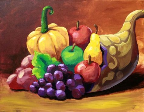 Cornucopia Painting Fruit Bowl Drawing, Thomas Kinkade Art, Turkey Drawing, Happy Thanksgiving Pictures, Father Art, Fruits Drawing, Fall Canvas Painting, Fall Canvas, Greeting Card Art