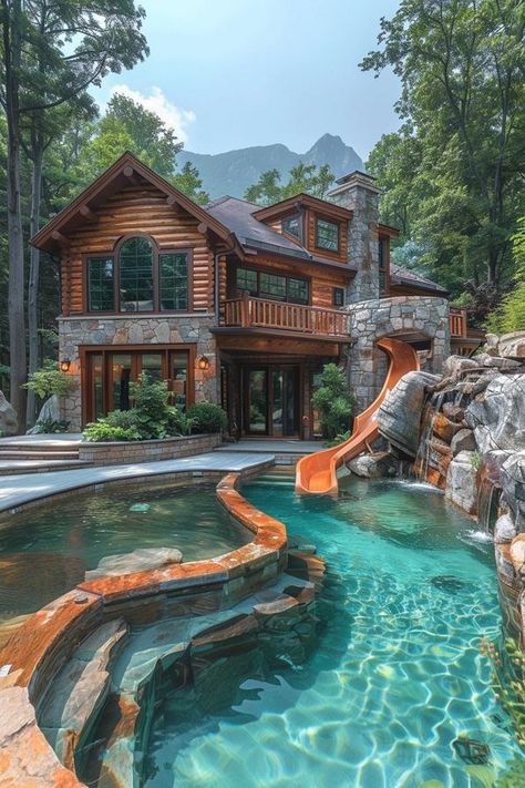 Luxury Outdoor Pool, Stone Hot Tub, Expensive Life, Mountain Dream Homes, Rustic Luxury, Log Cabin Ideas, Dream Life House, Mudroom Design, Getaway Cabins