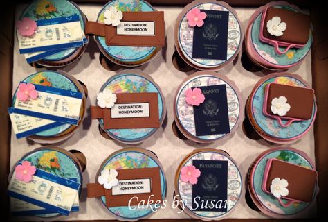 Bridal shower traveling themed cupcakes Travel Bridal Showers, Travel Baby Showers, Travel Cake, Bridal Shower Cupcakes, Travel Party Theme, Cupcake Designs, Shower Inspiration, Cake Decorating Videos, Shower Cupcakes