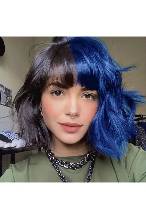 Half Blue Hair Half Black, Short Purple Hair With Bangs, Blue Hair Bangs, 613 Bob Wig, Short Wig With Bangs, Wig For White Women, Short Purple Hair, 613 Wig, Black Bob Hairstyles