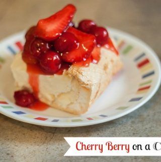 Cherry Berry On A Cloud Recipe, Berries On A Cloud, Cherry Topping, Meringue Desserts, Pear Cake, Cherries Jubilee, Cherry Cake, Cherry Recipes, Cherry Pie Filling