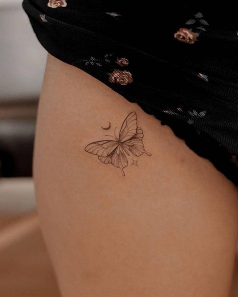 Tattoo Designs Butterfly For Women, Moth Tattoo Linework, Mini Moth Tattoo, Moth Line Tattoo, Dandelion Butterfly Tattoo, Butterfly Tattoo Linework, Pretty Moth Tattoo, Whimsical Butterfly Tattoo, Butterfly And Moth Tattoo