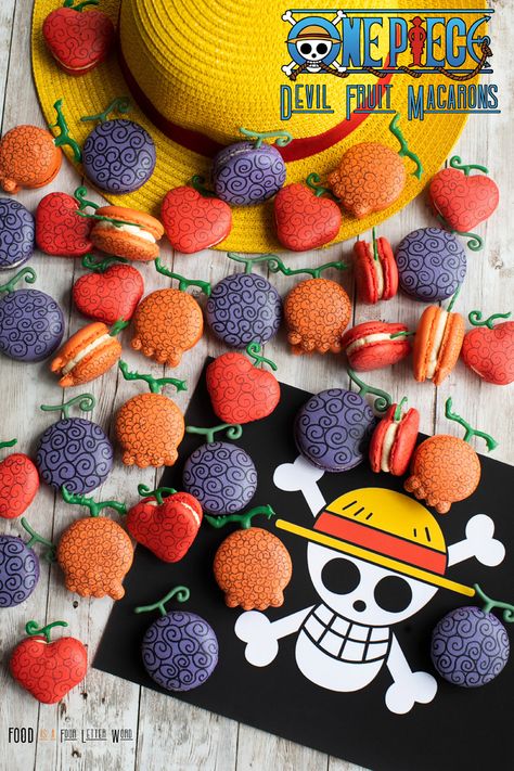 Fruit Macarons, One Piece Devil Fruit, Kotak Bento, One Piece Birthdays, One Piece Theme, Macarons Recipe, Devil Fruit, Anime Cake, Macaron Recipe