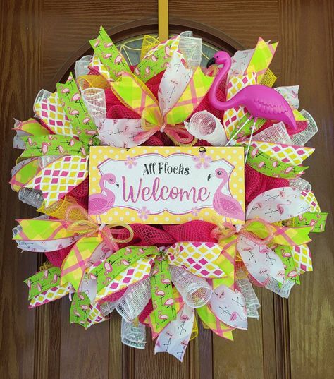 Tropical Front Door, Pink Flamingo Decor, Tropical Doors, Flamingo Wreath, Summer Deco Mesh Wreaths, Tropical Wreath, Summer Mesh Wreaths, Flamingo Decor, Beach Wreath