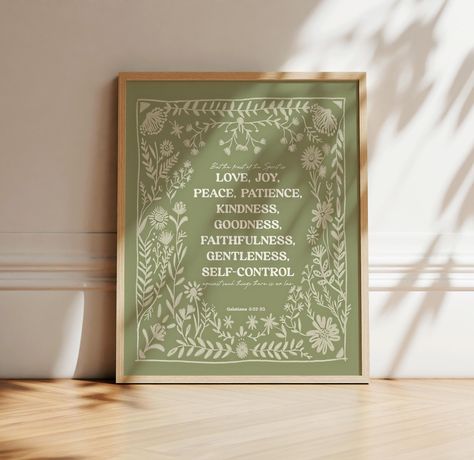 A print of my original pen and ink Nordic style artwork with the Scripture verse, "But the fruit of the Spirit is love, joy, peace, patience, kindness, goodness, faithfulness, gentleness, self-control; against such things there is no law.: Galatians 5:22-23.  Beautiful Christian Bible verse décor for any room of your home, or a lovely gift to give.  The color is a sage green tone.  FRUIT OF THE SPIRIT SCRIPTURE PRINT DETAILS ✔ Printed on lovely thick archival fine art matte paper ✔ Custom ordere Fruit Of The Spirit Art, Hymn Art, Galatians 5 22 23, Bible Verse Art Print, Bible Verse Decor, Peace Scripture, Galatians 5 22, Scripture Gift, Spirit Art