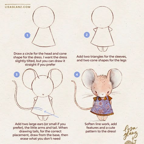 Lisa Glanz - illustrator | How to draw a cute mouse 🎨 Have fun experimenting with the size of the ears, they could be really tiny or huge! 😀 . Brushes used: AquaReal... | Instagram Drawing Mice Cute, Draw A Bunny, Maus Illustration, Mouse Illustration, Mouse Drawing, Flower Drawing Tutorials, Storybook Art, Lisa S, Brushes For Procreate