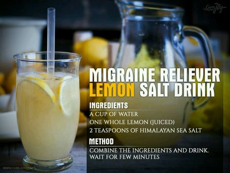 Migraine Remedy, Migraine Remedies, Natural Headache Remedies, Lemon Salt, Migraine Headaches, Homemade Remedies, Himalayan Salt, Natural Home Remedies, Alternative Medicine