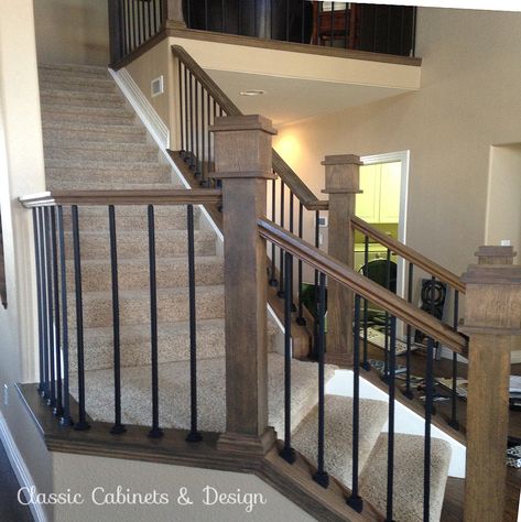 Iron Banister, Classic Cabinet Design, Wrought Iron Banister, Banister Remodel, Wood Banister, Dark Stained Wood, Wrought Iron Stair Railing, Classic Cabinets, Wrought Iron Staircase