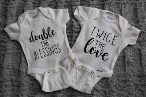 Twins Cricut Projects, Twin Onsies Ideas, Hammock Quotes, Christian Onesies, Twin Onesies Funny, Twins Onesies, Twin Baby Announcements, Twin Baby Clothes, Twin Pregnancy Announcement