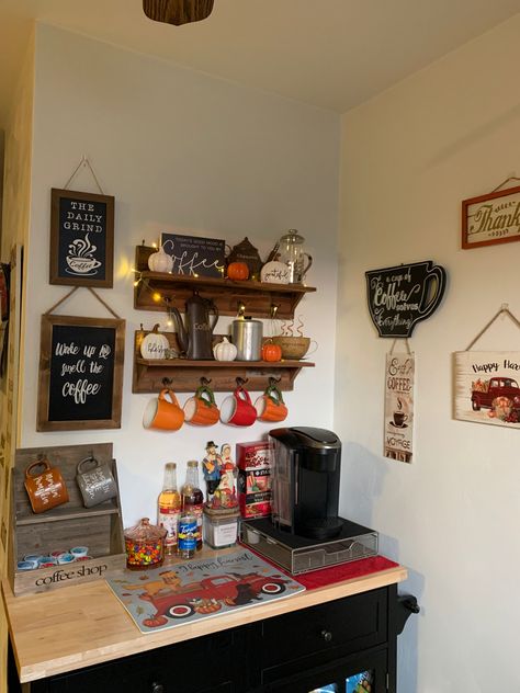 Fall coffee bar design Fall Coffee Bar, Coffee Bar Ideas, Coffee Bar Design, Home Coffee Bar, Bar Set Up, Fall Coffee, Black Kitchen, Autumn Coffee, Design Coffee