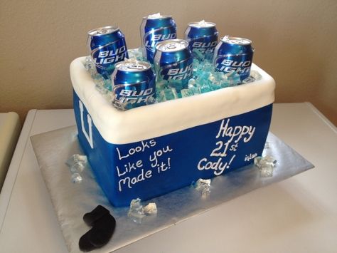 Ok so this is going to be Jeff's grooms cake but with Memphis logo on front of cooler! AWESOME! Birthday Cake Beer, 21st Birthday Cake For Guys, Birthday Beer Cake, Guys 21st Birthday, 21st Cake, 21st Birthday Cakes, Beer Cake, Cereal Treats, Buttercream Filling