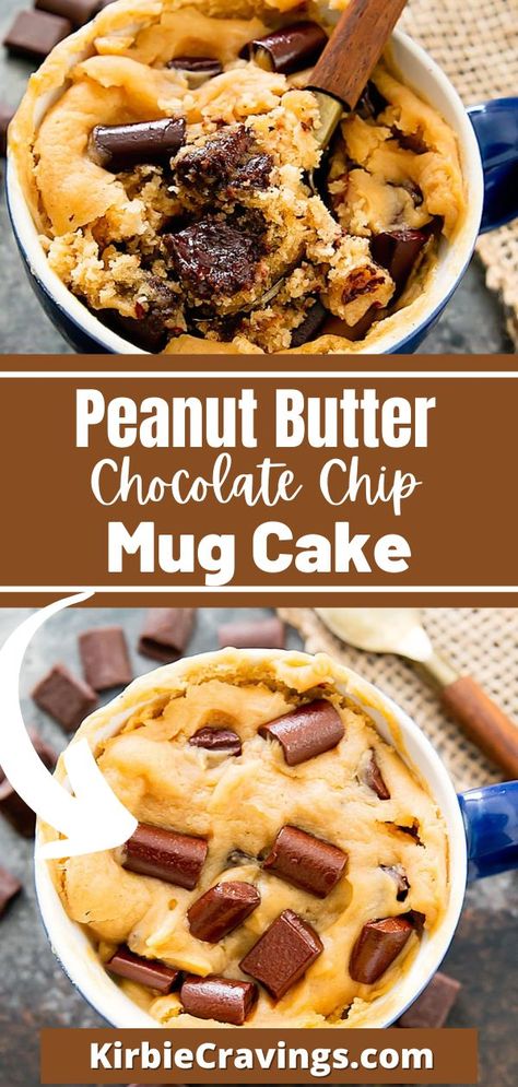 Creamy, fluffy, eggless peanut butter cake mixed with melty chocolate chips. This single serving mug cake is ready in about 5 minutes. This cake is best eaten warm, while the chocolate is still melty and gooey. Because this cake is eggless, the crumb is a little loose. It’s best eaten in the mug as it won’t hold up well if you try to remove it from the mug. So I recommend you just grab a spoon and dig in. Healthy Single Serve Desserts, Banana Mug Cake, Chocolate Chip Mug Cake, Desserts With Chocolate Chips, Mug Cake Healthy, Peanut Butter Mug Cakes, Chip Mug, Mug Cake Microwave, Chocolate Peanut Butter Cake