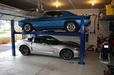 4 post storage lift at home - Page 5 - Yellow Bullet Forums Car Stacker, Four Post Lift, Garage Inspiration, Garage Car Lift, 4 Post Car Lift, Garage Lift, Garage Parking, Garage Loft, Automotive Shops