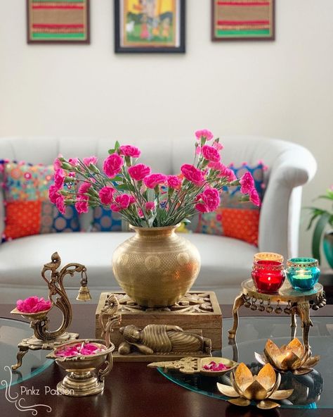 Mean While, Indian Inspired Decor, Center Table Decor, Buddha Home Decor, Family Playing, Home Flower Decor, Vintage Brass Decor, Indian Room Decor, Diy Floral Decor