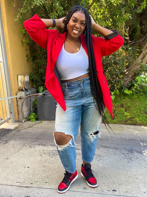 Plus size streetwear outfit Styles With Jordans Cute Outfits, How To Style Red Jordans, Red Jordan 1 Outfit Women Street Style, Dressy Jordan 1 Outfit Women, Styling Red Jordans, Plus Size Outfits With Jordans, Blazer And Jordans Outfit, Plus Size Air Jordan Outfit, Plus Size Jordan Outfits