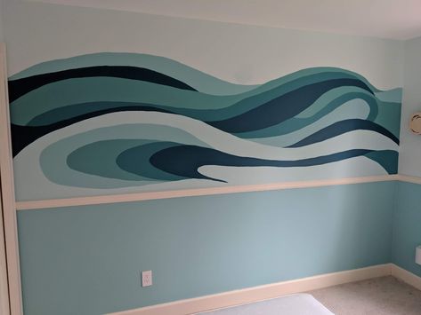 Beach Theme Mural, Waves Mural Painting, Water Mural Painting, Diy Wave Mural, Wave Wall Mural Diy, Wave Mural Wall Art, Ocean Mural Painting, Wave Wall Painting, Sea Room Aesthetic