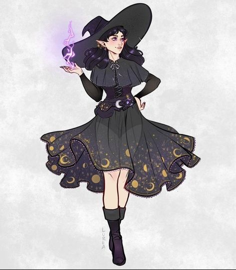 Witchsona Character Design, Character Design Witch Outfit, Dnd Wizard Outfit Design, Dnd Sorcerer Character Art, Moon Witch Character Design, Witch Outfit Fantasy Art, Fantasy Witch Outfit Drawing, Witch Design Character, Witch Outfit Art